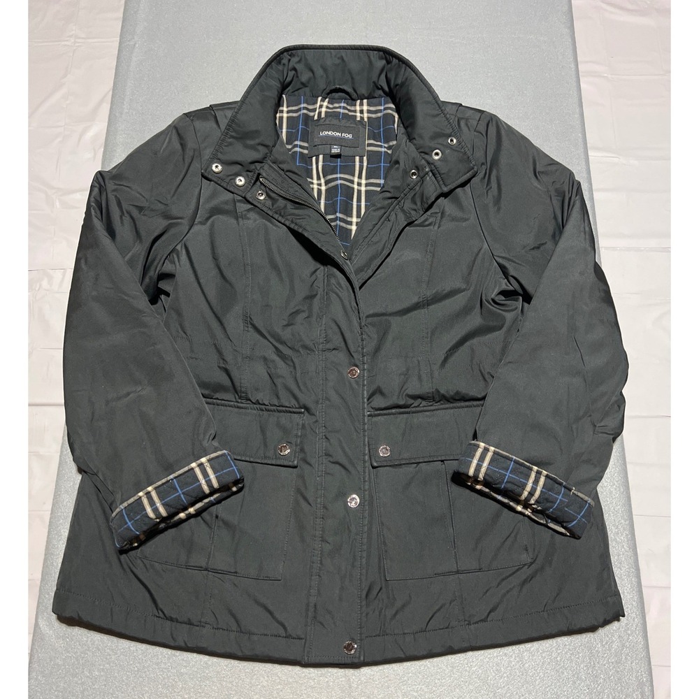 London Fog Womens XL Black Utility Jacket Plaid Lining Adjustable Waist Anorak